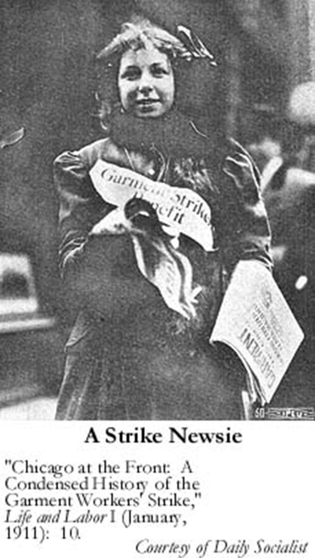 Photo of a young woman selling newspapers with garment strike headline.