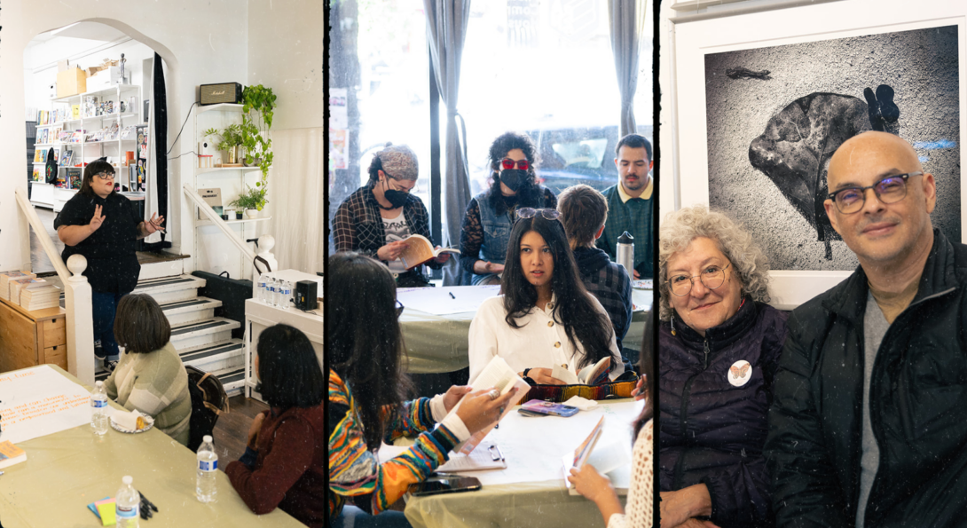 (L-R, 3 photos): Standing person dressed in black speaks to seated group in room with white walls; six people seated at two tables engage in conversation while holding books; a man and a woman smile at the cameara